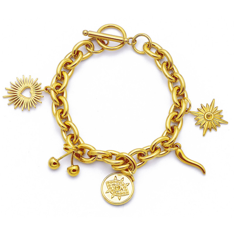 Bracelet "Charms" cœur rayonnant, cerises, mauvais œil, piment italien, soleil et rosace.
