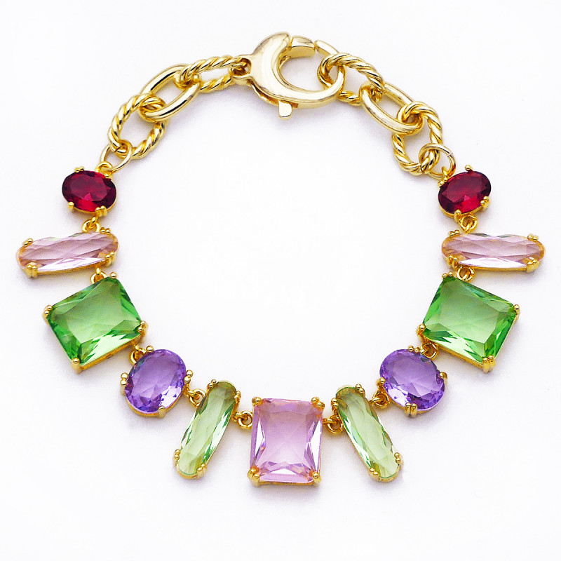 Bracelet en perles de cristal vert, violet, rouge et rose.