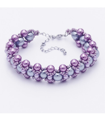 Bracelet tissé en perles de verre ciré ou nacré violine et grises avec des perles Miyuki roses.