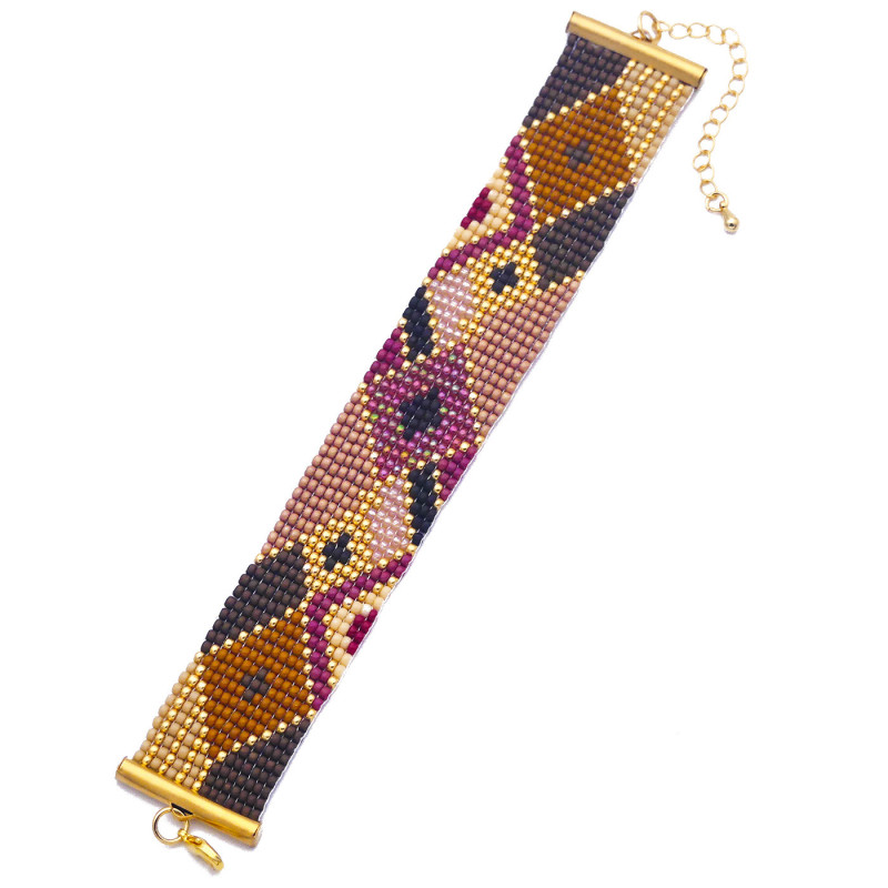 Bracelet tissé perles miyuki couleurs marron, gris, mauve, rose pâle et beige clair