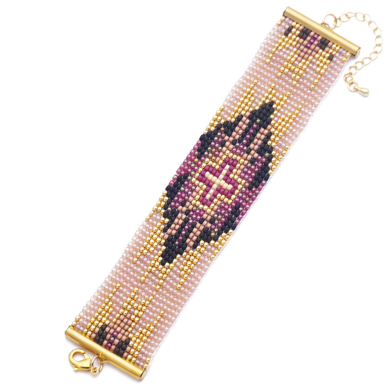 Bracelet tissé en perles Miyuki couleurs rose pâle, mauve, noir et or.