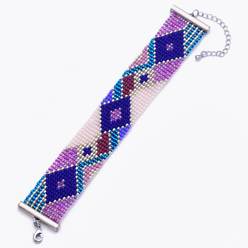 Bracelet tissé en perles Miyuki couleurs violet, bleu soutenu, bleu métallisé et rose clair.