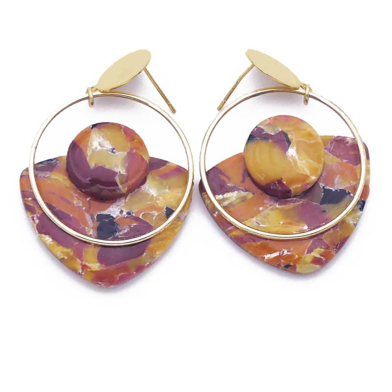 Boucles d'oreilles polymère couleurs caramel, violine et or.