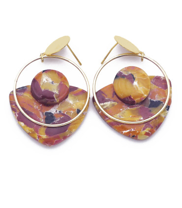 Boucles d'oreilles polymère couleurs caramel, violine et or.