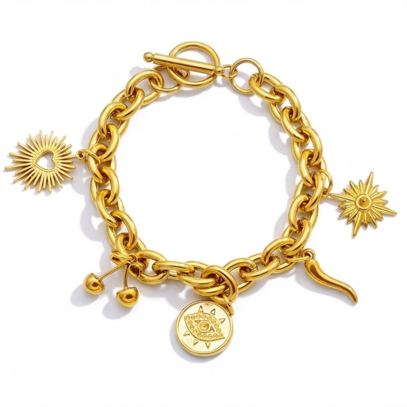 Bracelet "Charms" cœur rayonnant, cerises, mauvais œil, piment italien, soleil et rosace.