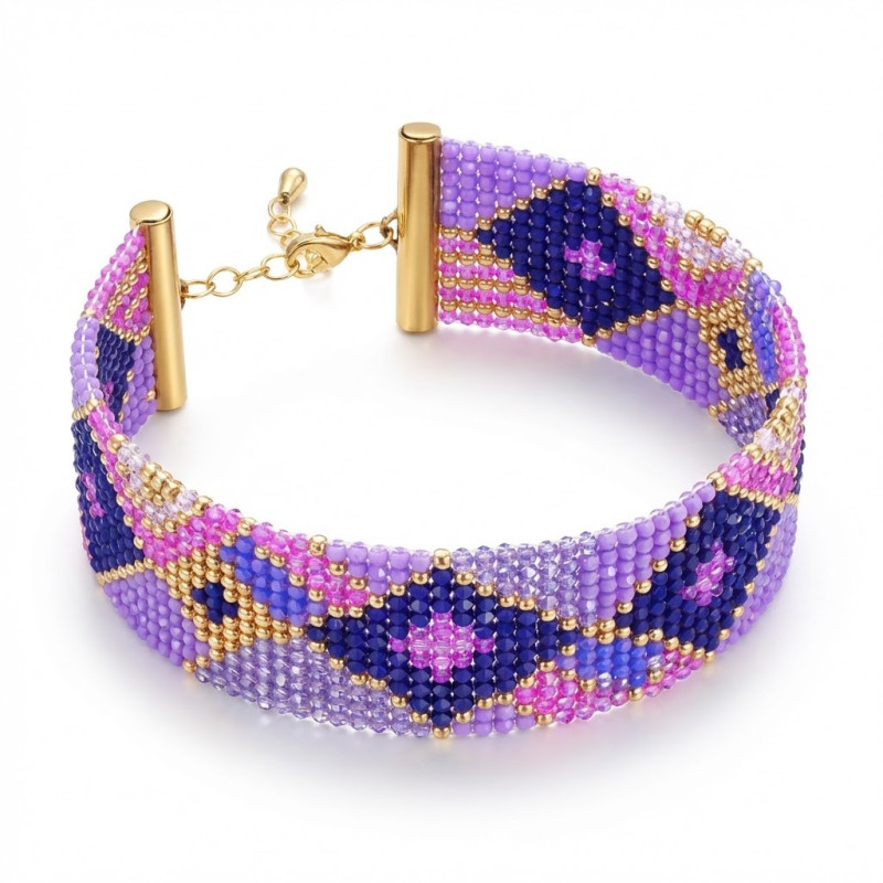 Bracelet en perles de verre "Miyuki" couleurs bleu, violet, rose, blanc et or.