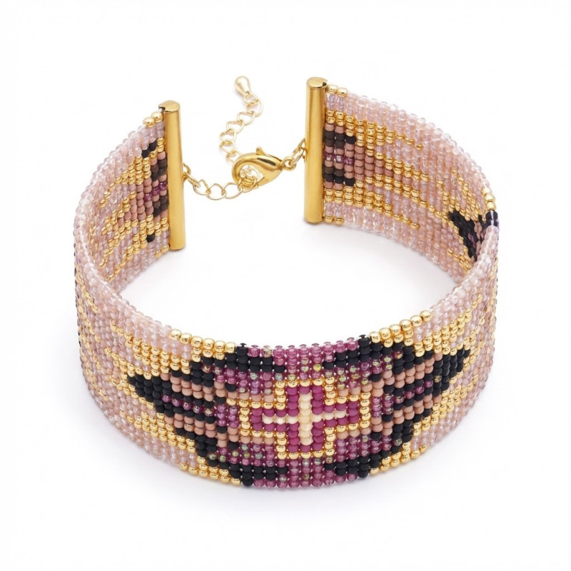 Bracelet tissé en perles Miyuki couleurs rose pâle, mauve, noir et or.