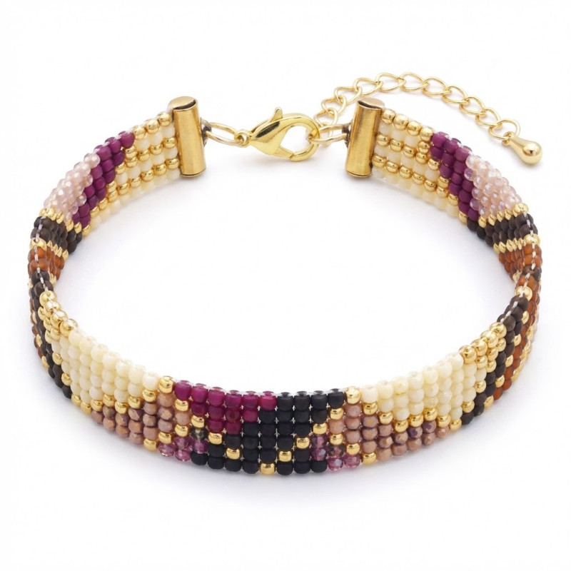Bracelet tissé perles Miyuki couleurs violet, beige, rose, marron, gris sombre et or.