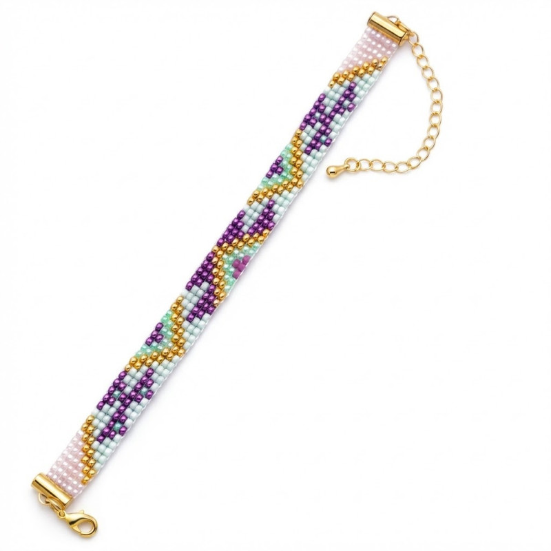 Bracelet tissé en perles Miyuki couleurs violet, vert bouteille, bleu métallisé, or et rose clair.
