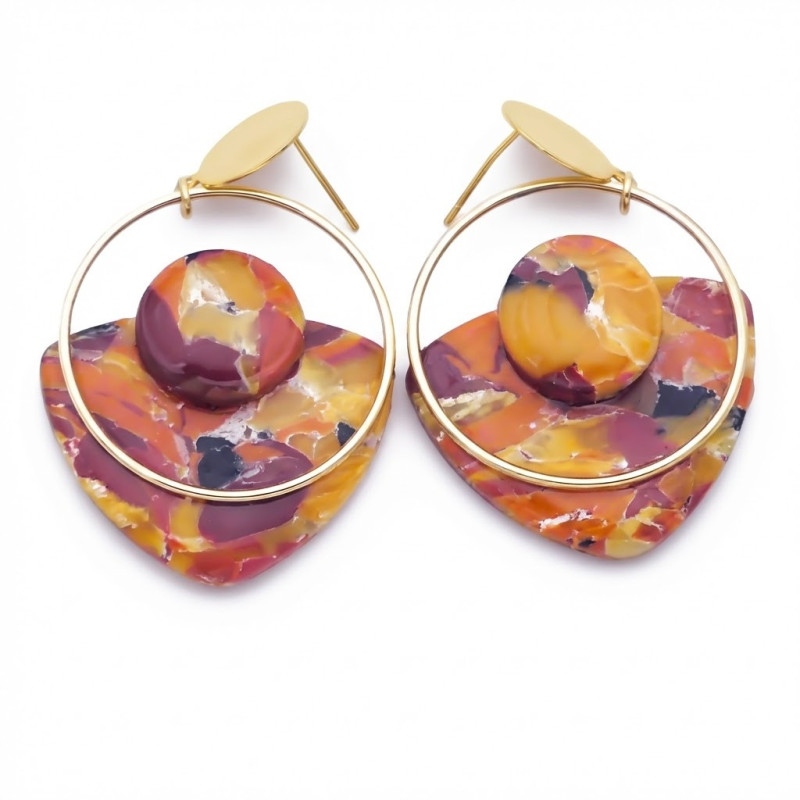 Boucles d'oreilles polymère couleurs caramel, violine et or.